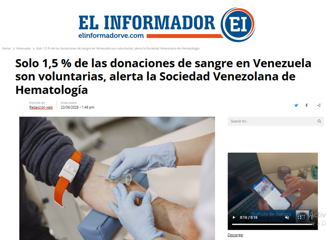 Solo 1,5 % de las donaciones de sangre en Venezuela son voluntarias, alerta la Sociedad Venezolana de Hematología